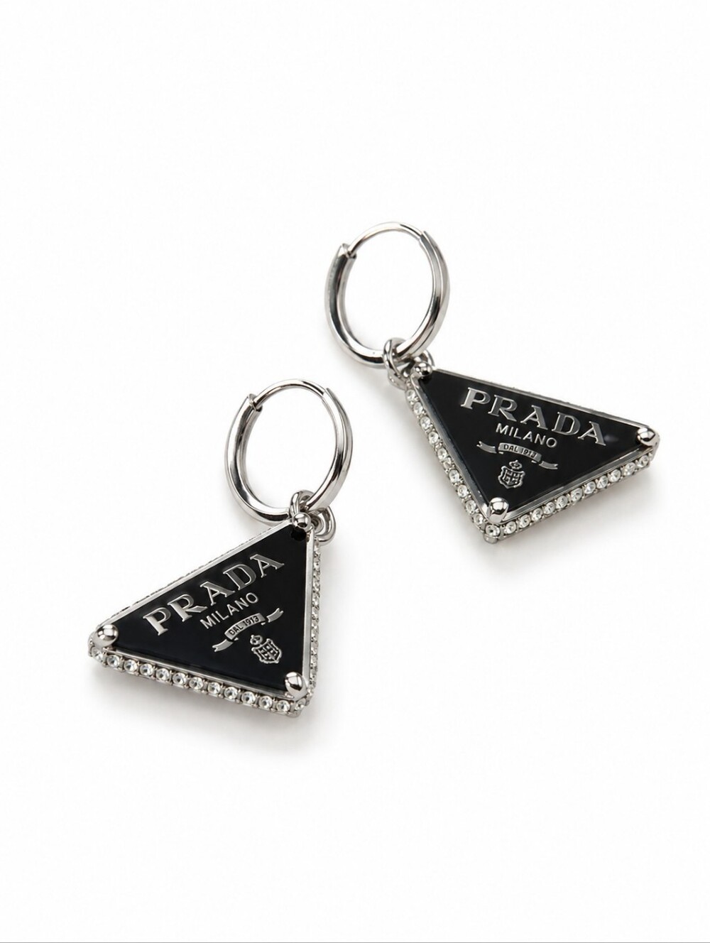 Prada Black Enamel Triangle Logo Hoop Drop Dangle Earrings with Crystal Trim
